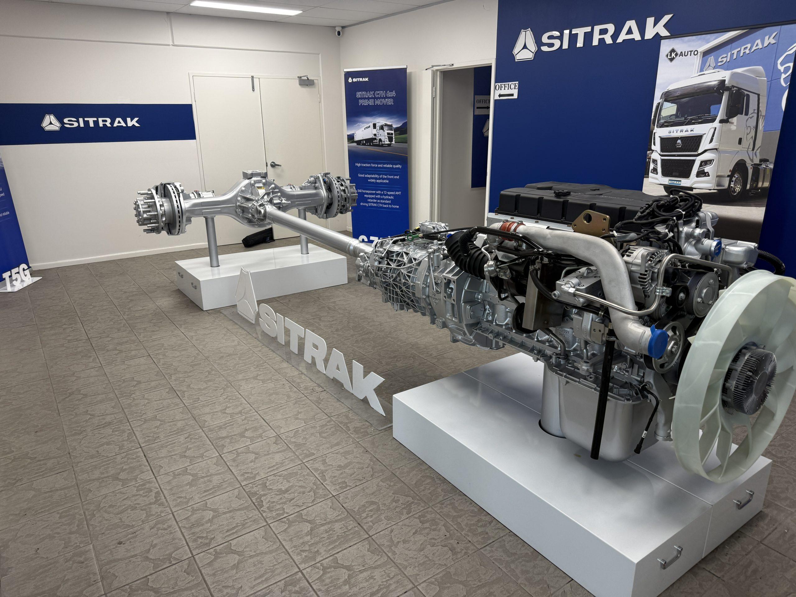 Genuine Sitrak driveline — axle, transmission and engine on display